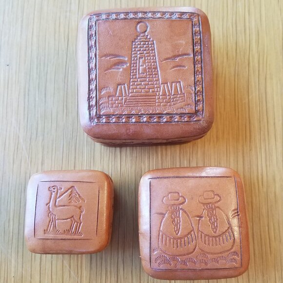 Set of 3 Ecuador Tooled Leather Trinket Jewelry Boxes 1" and 1.5" and 2" - Picture 1 of 13